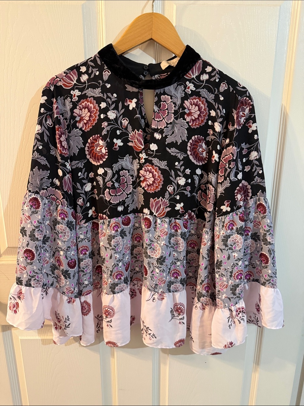 LOFT Floral Tiered Blouse - Black and Lavender